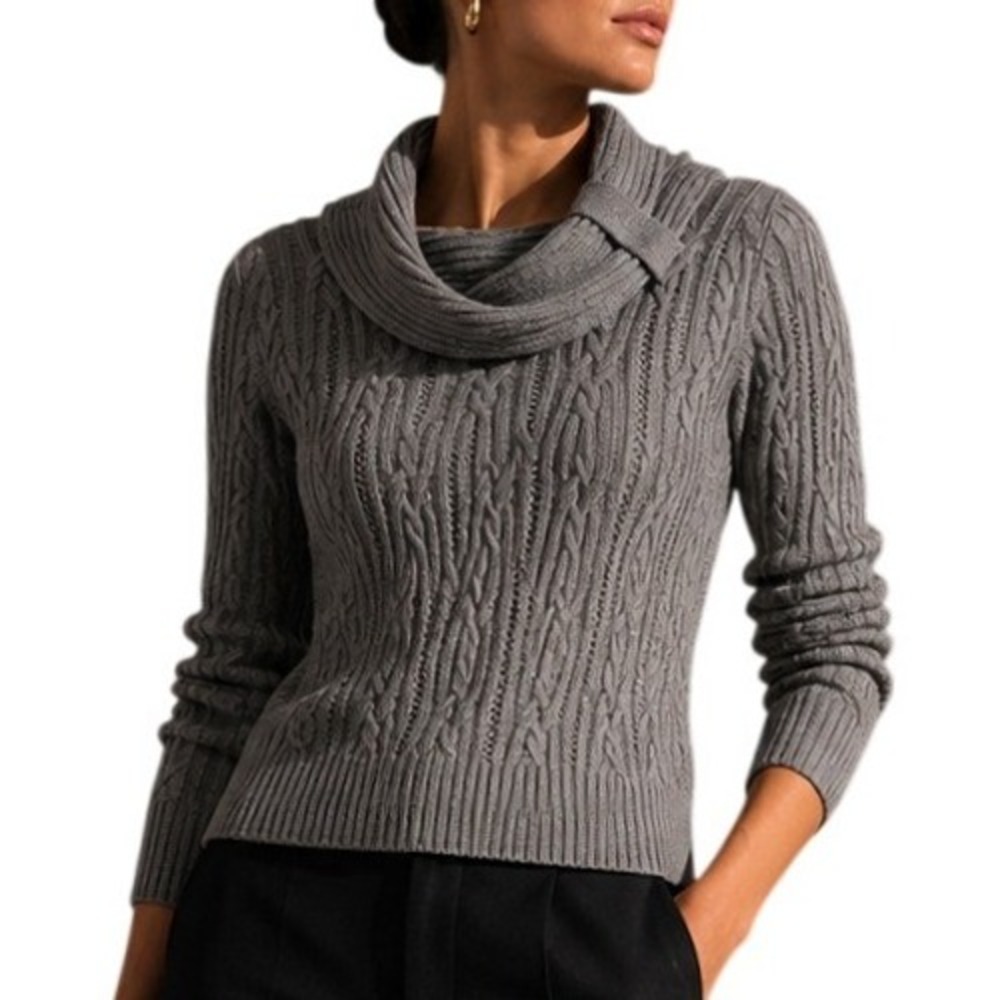 White House Black Market Gray Cowl Neck Cable Knit Sweater ‎ Long Sleeve